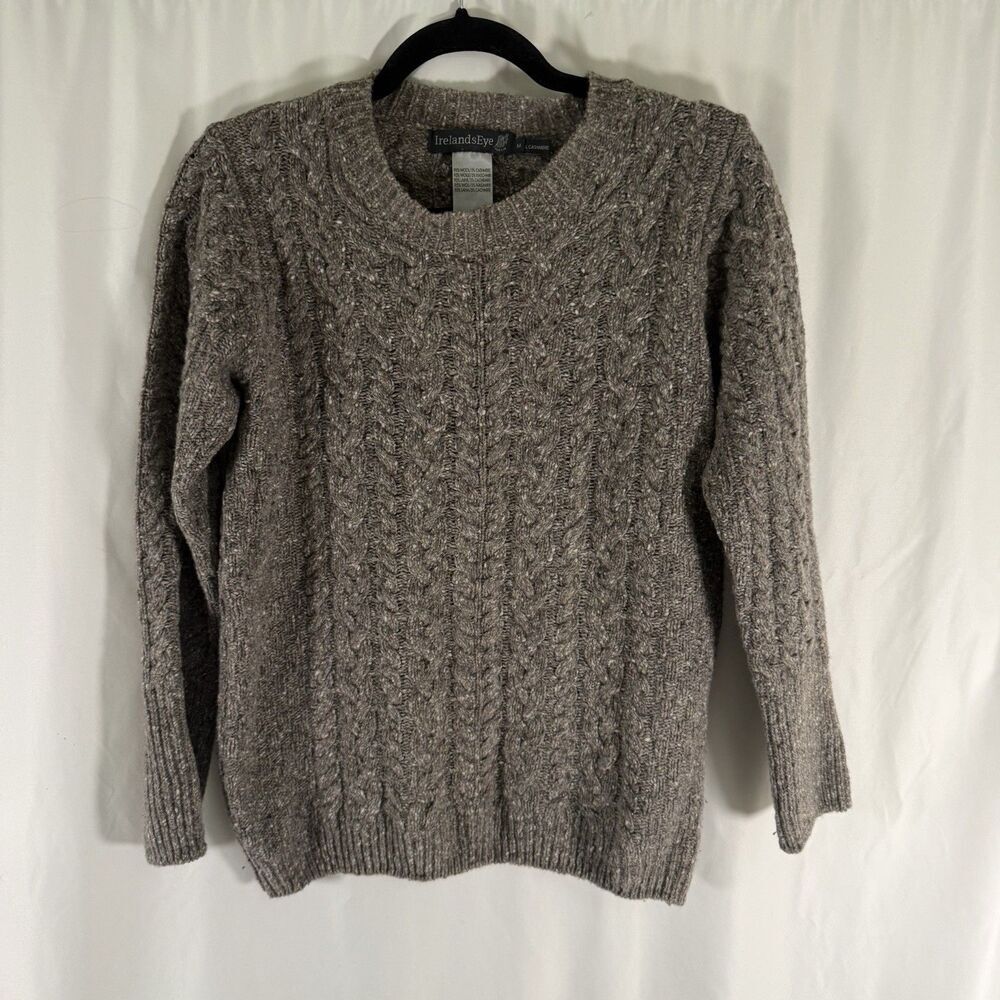 IrelandsEye Wool Cashmere Sweater Women's Medium Grey Cable Knit Made in Ireland